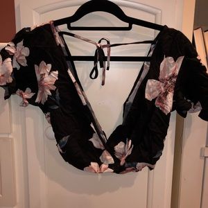Black Floral V Neck Crop Top